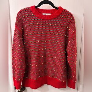 Zara Festive Red and Green Knit Scoop Neck Sweater with Gold Ball Accents